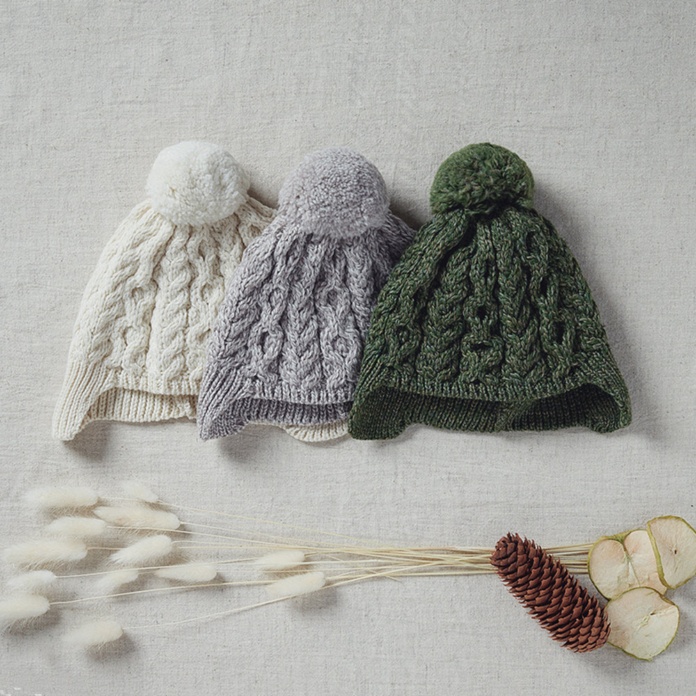 Kids Aran wool earflap caps in three colors