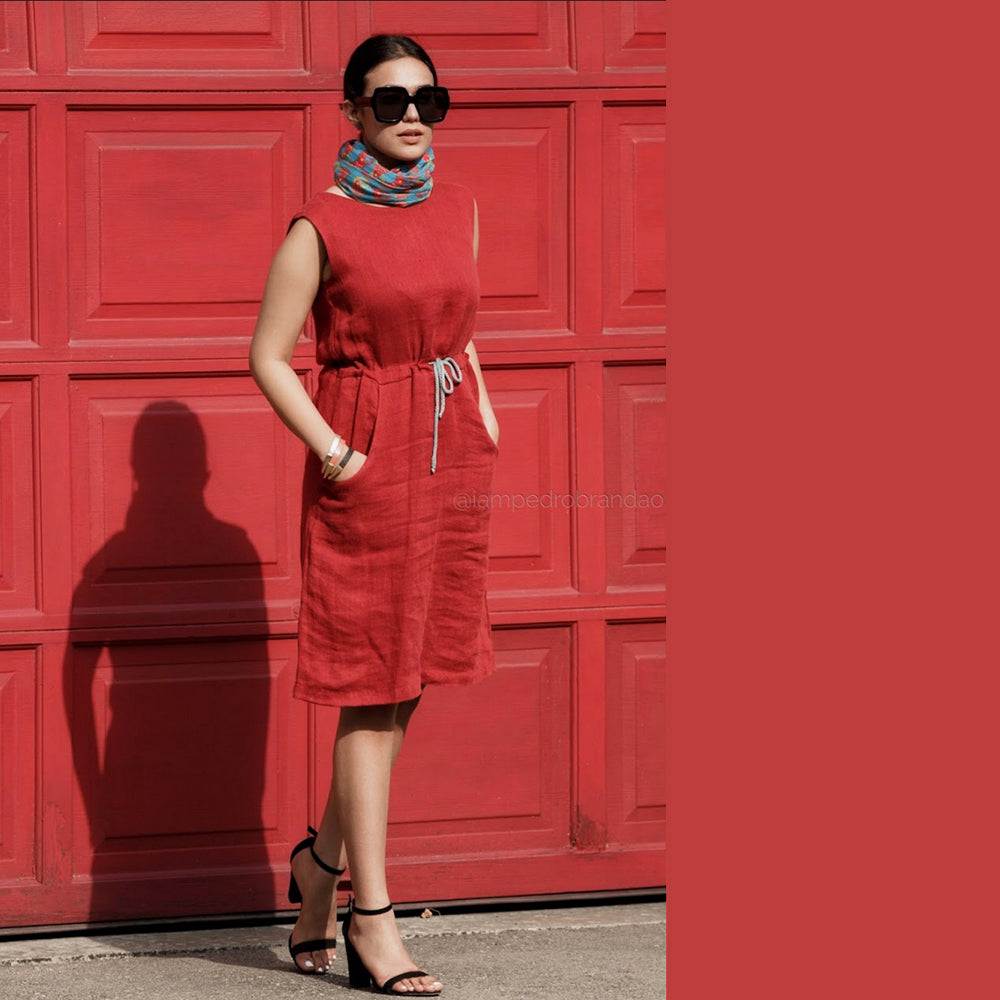 Drawstring Line Red Dress
