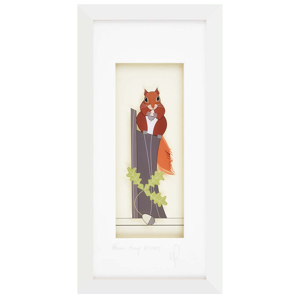 Square art print of red squirrel from tiny acorns.