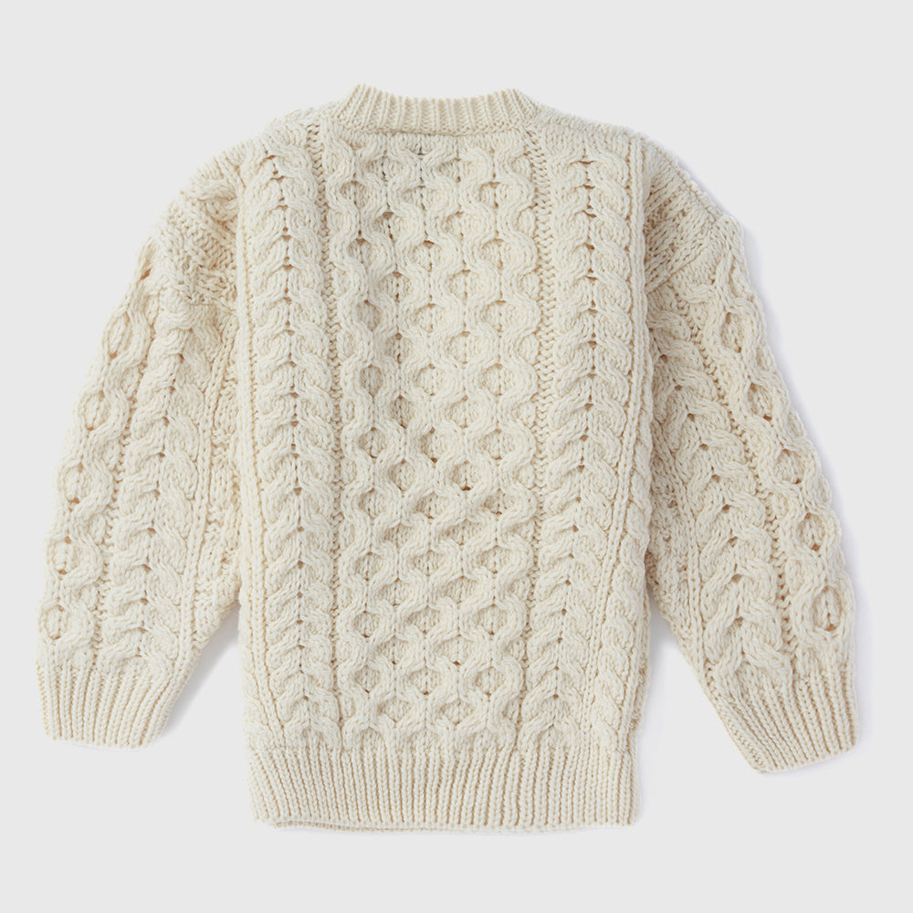 Kids cream Aran cardigan, back view, by Aran Woollen Mills